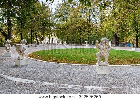 Salzburg, Austria - October 29, 2018: Dwarf Statues In Dwarf Garden. Mirabellgarten Or Mirabell Gard
