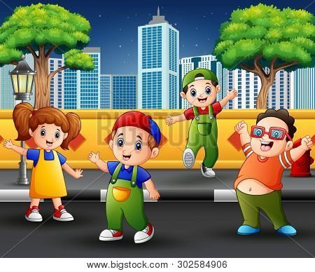 Cartoon Happy Children On The Sidewalk Illustration