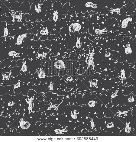 Abstract Vector Pattern. White Cats And Abstract Elements. Black Background