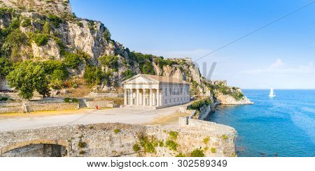 Hellenic Temple And Old Castle At Corfu, Greece