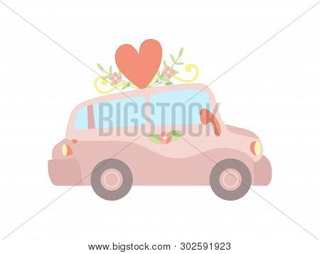 Pink Vintage Car Decorated With Red Heart And Flowers, Wedding Retro Auto, Side View Vector Illustra