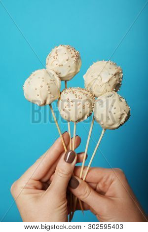 Cake Pop, White Chocolate Ball Dessert On Stick.
