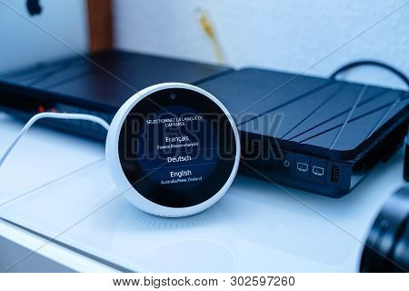 Paris, France - Apr 28, 2019: Installation Of New Amazon Echo With Personal Assistant Alexa With Lar