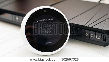 Paris, France - Apr 28, 2019: Installation Of New Amazon Echo With Personal Assistant Alexa With Lar