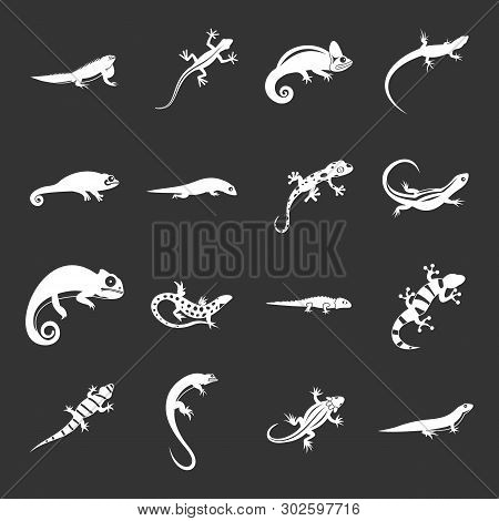 Lizard Icons In Simple Style. Black Lizards Set White Isolated On Grey Background