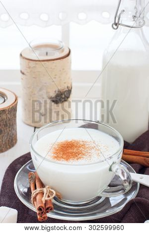 Homemade Kefir In A Glass Cup With Cinnamon And Sugar, Selective Focus