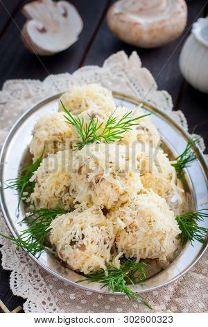 Salad With Mushrooms In The Form Of Balls In Cheese, Rafaello, Selective Focus