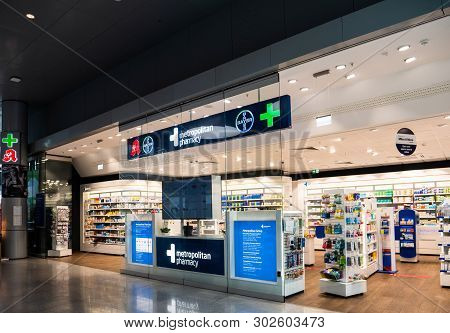 Frankfurt, Germany - Apr 29, 2019: Metropolitan Pharmacy Apotheke Drug Store By Bayer Pharmaceutical