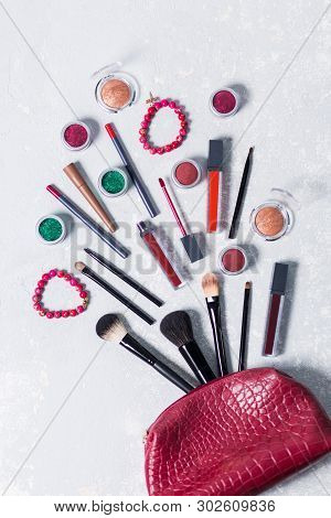 Fashion Accessories. Makeup Collection. Female Trendy Red Cosmetic Bag, Professional Cosmetics Goes