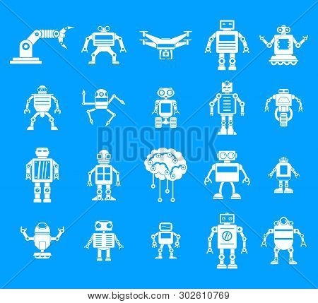 Robot Icon Set. Simple Set Of Robot Icons For Web Design Isolated On Blue Background