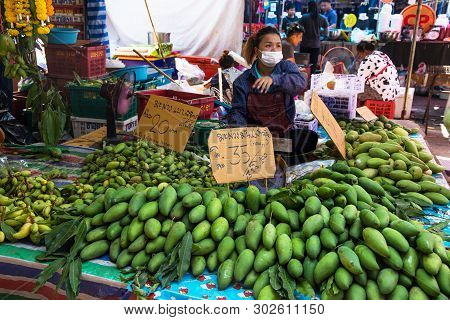 Sakon Nakhon, Thailand February 2, 2019 - Green Mango On Sale At The Market In Sakon, Nakhon, Thaila