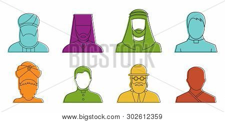 Religious Avatar Icon Set. Color Outline Set Of Religious Avatar Icons For Web Design Isolated On Wh