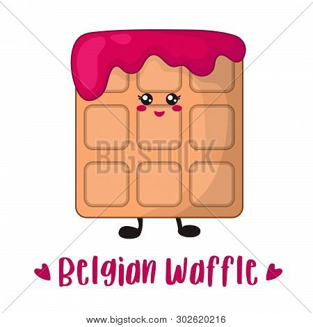 Cartoon Kawaii Belgian Waffle With Cherry Or Raspberry Jam, Confiture On White Background, Card Or P