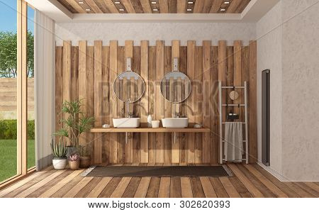 Wooden Modern Bathroom Of A Modern Villa With Double Wahbasin - 3d Rendering