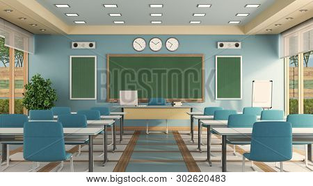 Empty Modern Classrom With Teacher Desk , School Desk And Blackboard - 3d Rendering