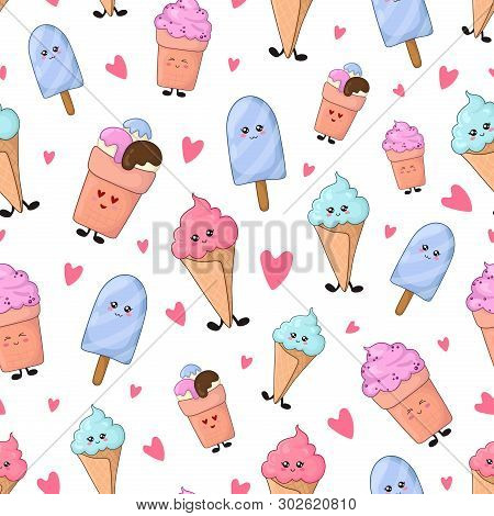Seamless Pattern With Kawaii Sweet Food - Cherry And Chocolate Ice Cream On White Background. Endles