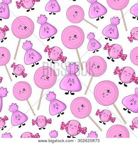 Seamless Pattern With Kawaii Sweet Food - Candy And Lollipop On White Background. Endless Texture Wi