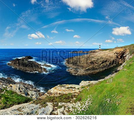 Summer Atlantic Ocean Coastline Landscape (island Pancha With Lighthouse), Spain. Two Shots Stitch P