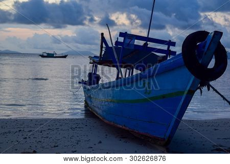 Traditional Fishing Wooden Boat Near Pahawang Island. Bandar Lampung. Indonesia. Traveling Concept. 