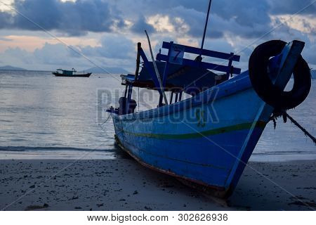 Traditional Fishing Wooden Boat Near Pahawang Island. Bandar Lampung. Indonesia. Traveling Concept. 
