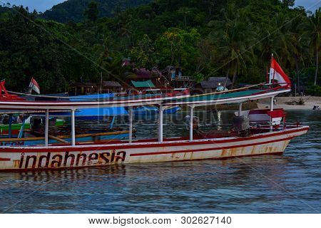 Traditional Fishing Wooden Boat Near Pahawang Island. Bandar Lampung. Indonesia. Traveling Concept. 