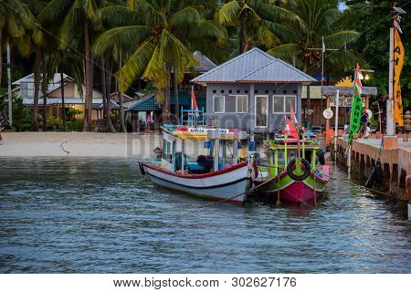 Traditional Fishing Wooden Boat Near Pahawang Island. Bandar Lampung. Indonesia. Traveling Concept. 