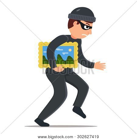 Steal A Picture From A Museum. A Man In A Black Camouflage Suit Sneaks. Vector Character On White Ba