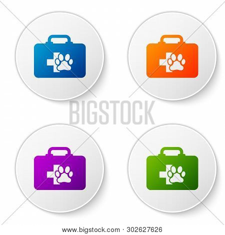 Color Pet First Aid Kit Icon Isolated On White Background. Dog Or Cat Paw Print. Clinic Box. Set Ico
