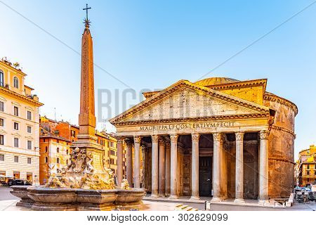 Pantheon And Fontana Del Pantheon With Monumental Obelisk On Piazza Della Rotonda, Rome, Italy