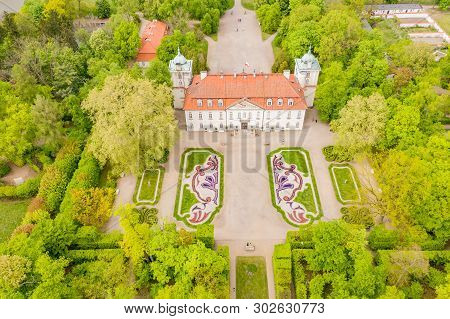 The Palace In Nieborow. Springtime. Green Trees. Aerial View