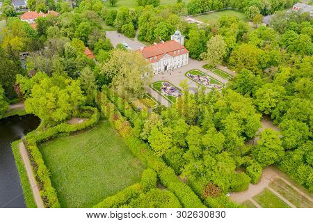 The Palace In Nieborow. Springtime. Green Trees. Aerial View