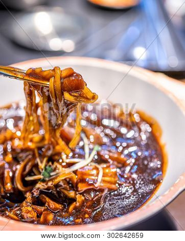 Jajangmyeon, Jjajangmyeon, Fried Sauce Noodle, Delicious Korean Traditional Noodles Cuisine With Kor