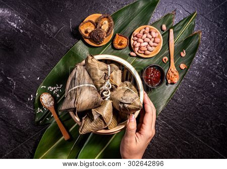 Zongzi, Delicious Fresh Hot Steamed Rice Dumplings In Steamer. Close Up, Copy Space, Famous Asian Ta