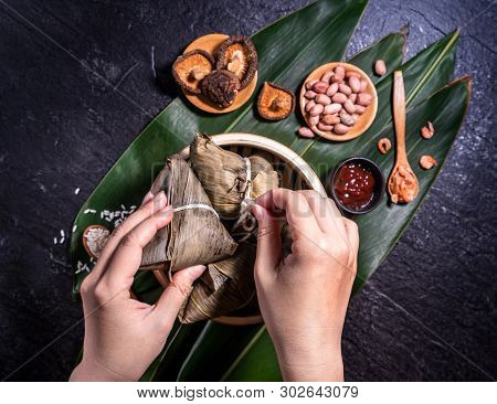 Zongzi, Delicious Fresh Hot Steamed Rice Dumplings In Steamer. Close Up, Copy Space, Famous Asian Ta