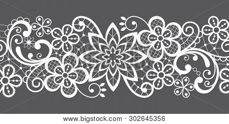 Romantic Seamless Lace Vector Pattern, Decorative Textile Or Embroidery Design In White On Gray Back