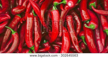 Fresh Hot Red Chilli Pepppers In The Market As A Background. Spicy Food Ingredient