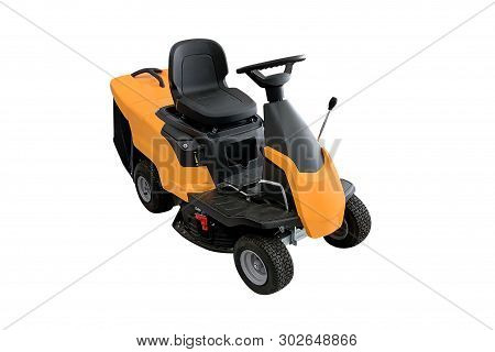 Image Of Yellow Motorized Lawn Mower Isolated On White Background