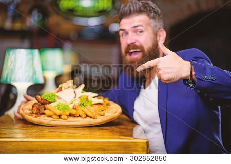 Manager Formal Suit Sit At Bar Counter. Man Received Meal With Fried Potato Fish Sticks Meat. Delici