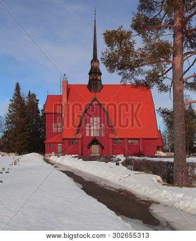 Outside View Of Norsjo Church In Lapland In Winter .