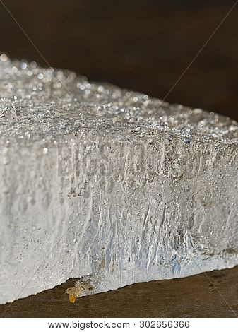 Frozen Bubbles In Drifting Floe. Arctic Ice Cough On Sandy Beach Slowly Melting Under Hot Sun. Clima