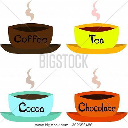 Set Of Vector Bright Bowl With Drinks. Coffee, Tea, Kako, Hot Chocolate. Logo Design, Menu, Cafe.