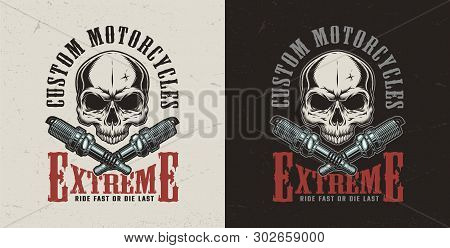 Colorful Custom Motorcycle Repair Shop Logo With Skull And Crossed Spark Plugs In Vintage Style Isol