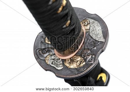 Devil Tsuba : Handguard Of Japanese Sword Made Of Copper Isolated In White Background.