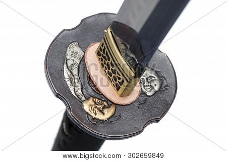 Devil Tsuba : Handguard Of Japanese Sword Made Of Copper Isolated In White Background.