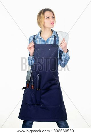 Barbecue Master. Grilling Food. Woman Checkered Shirt And Apron For Cooking White Background. Cookin