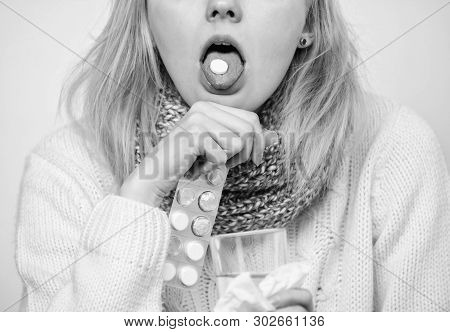 Woman Sick Person Hold Glass Water And Tablets Blister. Take Pills Relieve Fever. Drink Plenty Of Fl