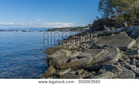 A View Of Mount Rainier And The Ruston Shoreline.