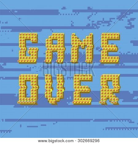 Retro Pixel Game Over Sin On Glitch Blue Banner. Gaming Concept. Video Game Screen.