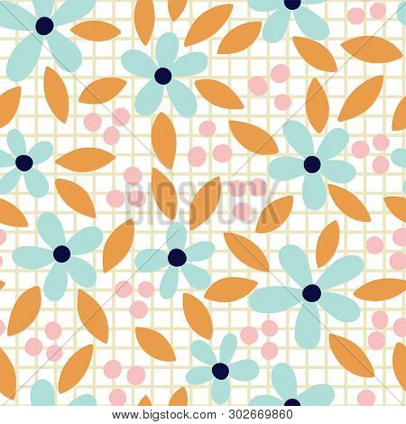 Vector Hand Drawn Floral Seamless Pattern On Grid Background.