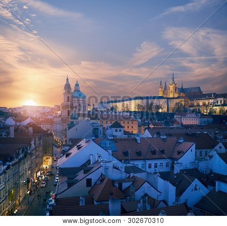 Roofs Of Prague And St. Vitus Cathedral On A Sunset, Square Panoramic Image